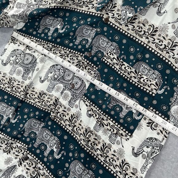 Sopheap Angkor Mens XL Elephant Print Green Ivory Button up Shirt woven - Picture 4 of 15